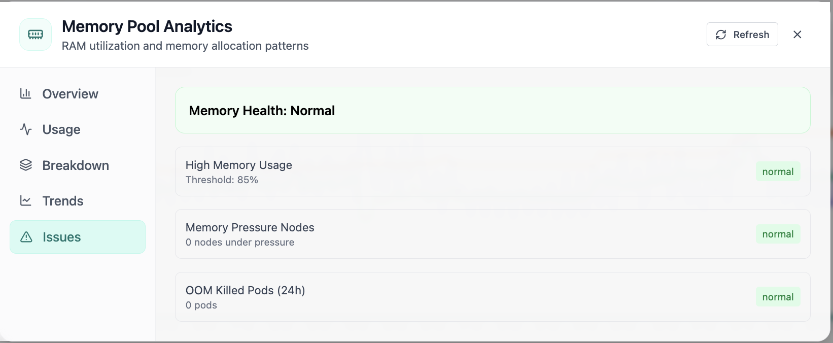 Memory health issues tab with pressure and OOM checks.